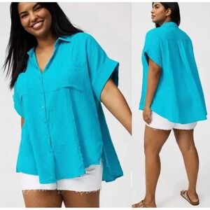 Torrid Relaxed Gauze Cotton Dolman Button Up Distressed Shirt Bluebird Plus Size